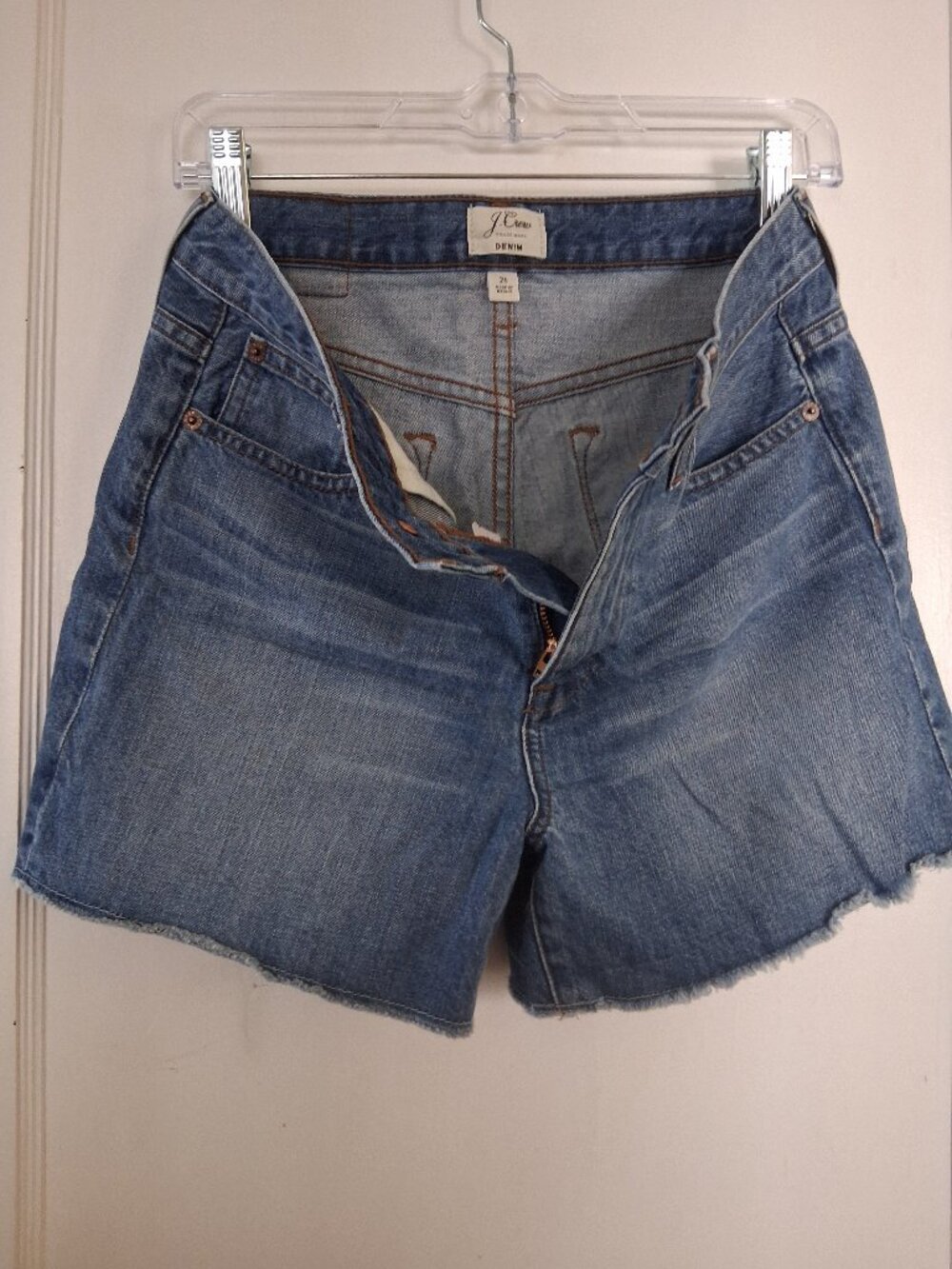J Crew size 26 denim shorts, 5-pocket style,  " cutoff" look
